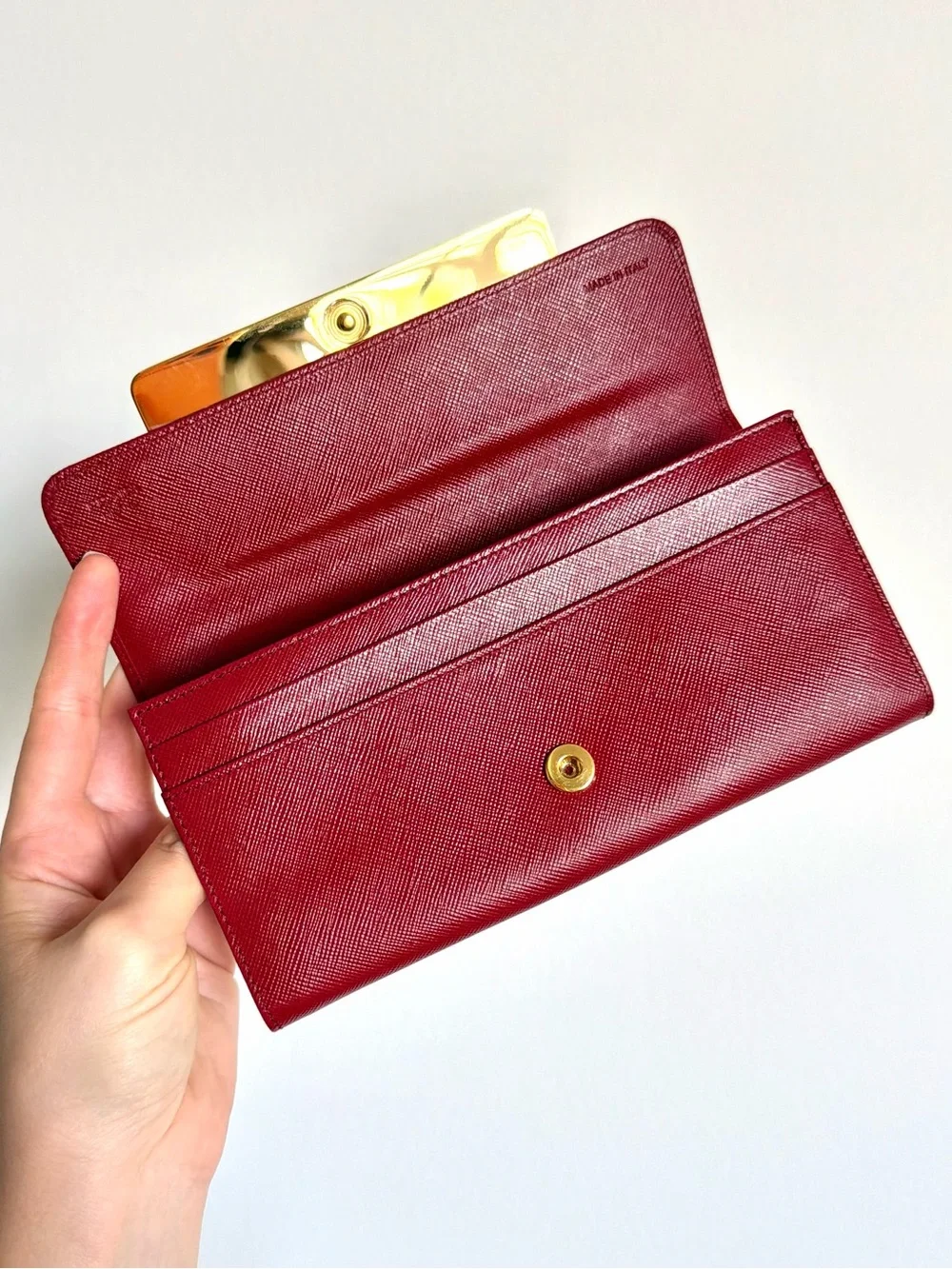 Prada Dark Red Leather Crystal Embellished Flap Continental Wallet